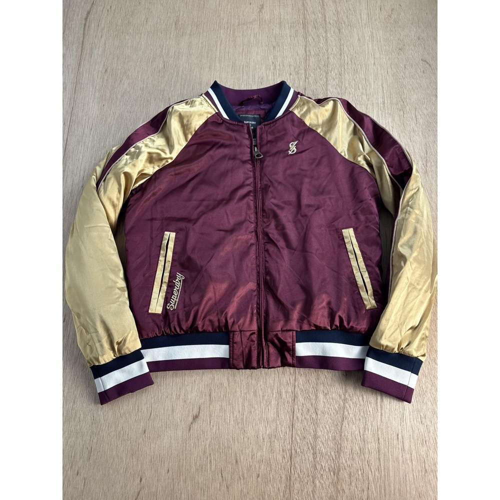 Superdry Jacket Womens 4 Red Satin Bomber Full Zip Embroidered Logo Gold Varsity